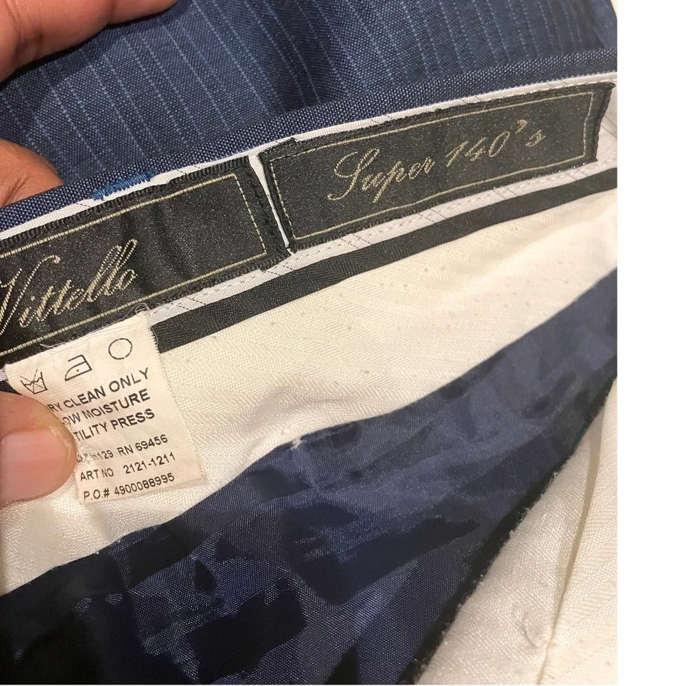 Vittello Mens Super 140s 40x34 Wool Pinstripe Dress Pants‎ Navy Blue 40L Cuffed